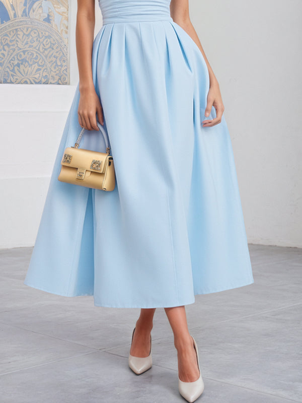 Light Blue Lace Ruched Classic Crew Neck Sleeveless A-Line Midi Dress