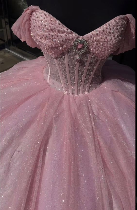 Glitter Pearls Pink Quinceanera Dresses Ball Gowns Sweet 15 16 Birthday Dress      fg4882