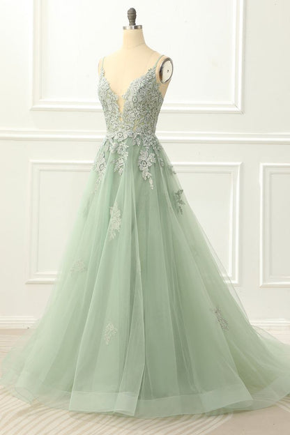 Spaghetti Straps Tulle Green Prom Dress with Appliques       fg4657