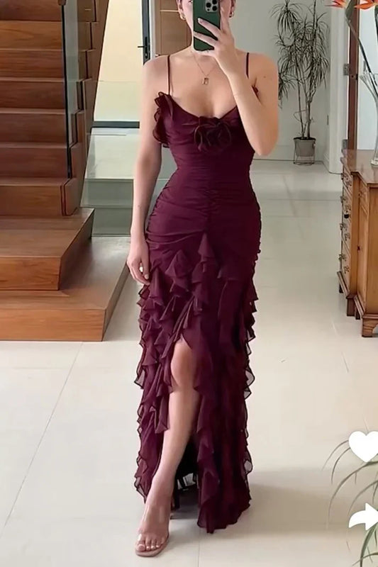 Burgundy Brick Sheath Spaghetti Straps Layered Chiffon Long Prom Dress Evening Dress with Slit SH3650