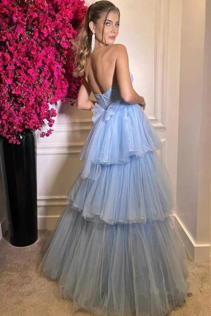 A-line Beautiful Blue Tiered Tulle Sweetheart Floor Length Prom Dresses    fg4589
