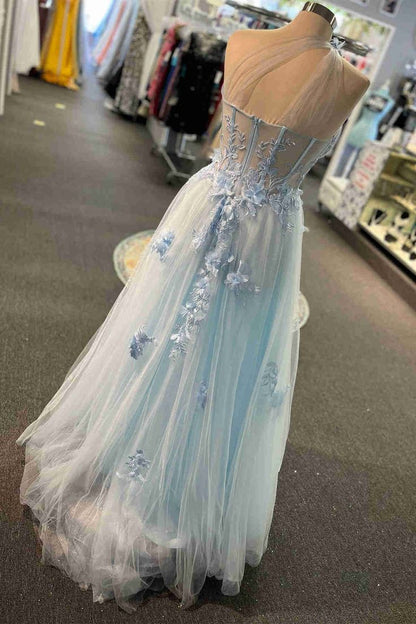 Sweetheart One Shoulder Blue Prom Dress with Flowers       fg4501