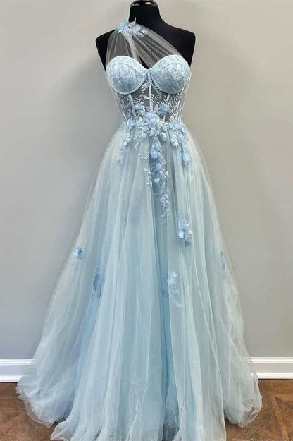 Sweetheart One Shoulder Blue Prom Dress with Flowers       fg4501