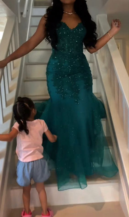 Dark Green Mermaid Tulle Lace Prom Dress Winter Formal Gown      fg4863