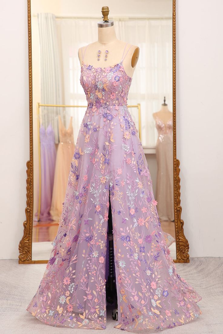 A-Line Tulle Lace Up Long Prom Dress With Appliques And Split       fg5027