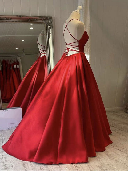 Simple Backless Red Satin Long Prom Dress,Open Back Formal Dresses, Red Evening Gown     fg5002