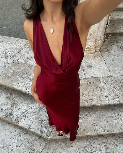 Elegant Sheath V Neck Burgundy Satin Open Back Long Prom Dress Graduation Prom Dress SH2597