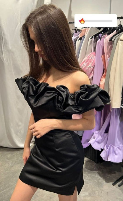 Black Satin Ruffle Bodycon Dress Homecoming Gown     fg3700