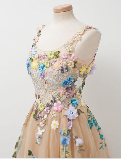 Champagne A-line Sleeveless Tulle Prom Gown With Embroidery,sleeveless Prom Gown With Hand-made Flowers,prom Dress,evening Gown For Teens        fg3824