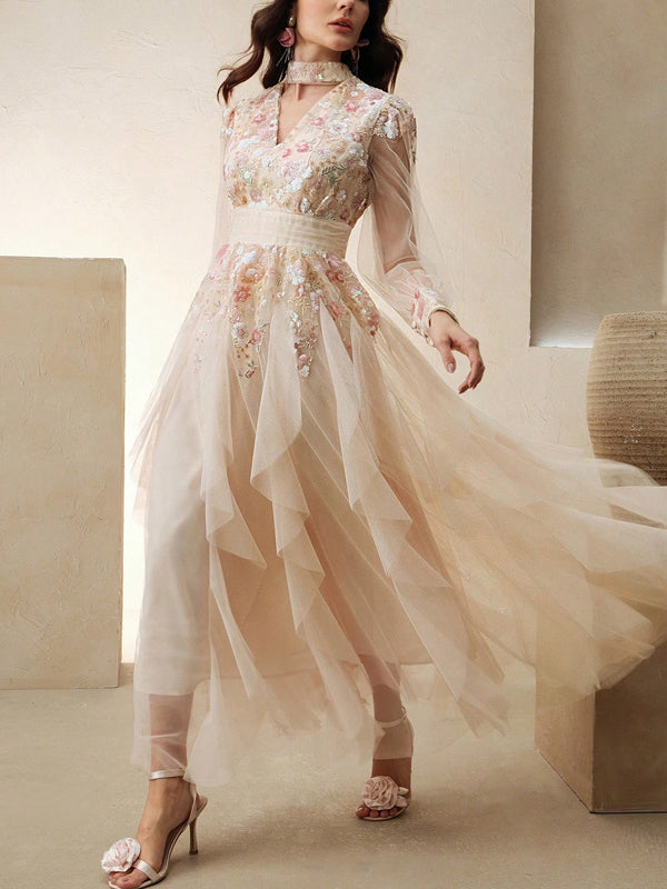 Women's Elegant Colorful Mesh Embroidered Dress