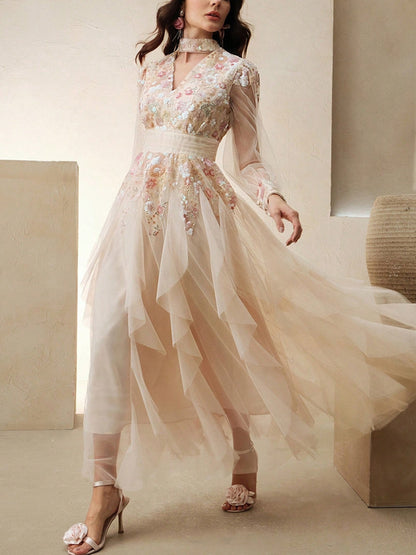 Women's Elegant Colorful Mesh Embroidered Dress