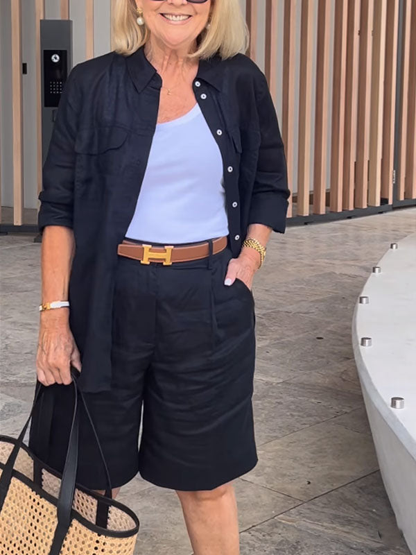 Casual Cotton Linen Shirt Shorts Women's Sets