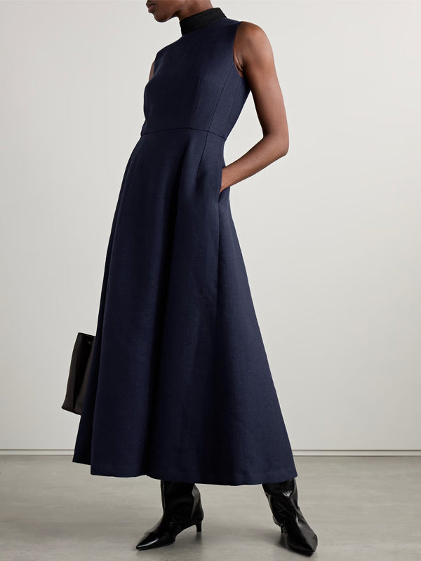 Round Neck Sleeveless Solid Color Midi Dress