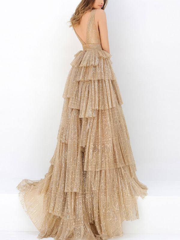 Sequin Sleeveless Printed Tulle Gown