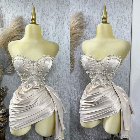 Champagne Pink Beaded Short Satin Homecoming Dress Prom Dress Birthday Dress gh4932