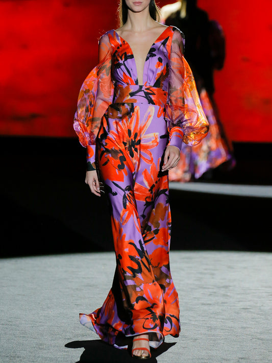 Mesh Floral Puff Sleeves Catwalk Women's Dress