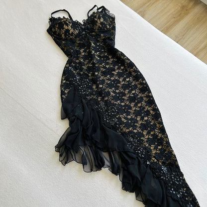 Black Fashion Exquisite Lace Long Ruffled Ball Gown Evening Dress Party Dress gh3283