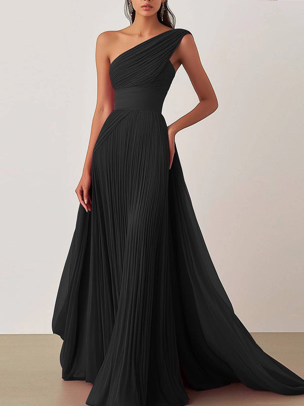 Prom Formal Pleated Dress Rose Color One-Shoulder Floor-Length Dress