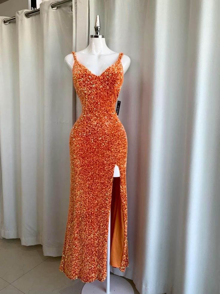 Orange shiny fashion long sequin sexy slit prom dress evening gown party dress gh3289