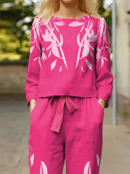 Relaxed Rose Print Loose Crew Neck Two-Piece Sets