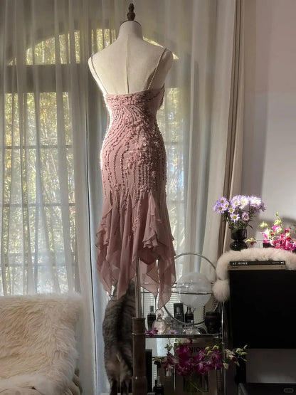 Cute Mermaid Spaghetti Strap Beaded Ruffle Pink Chiffon Short Homecoming Dress Birthday Dress SH2883