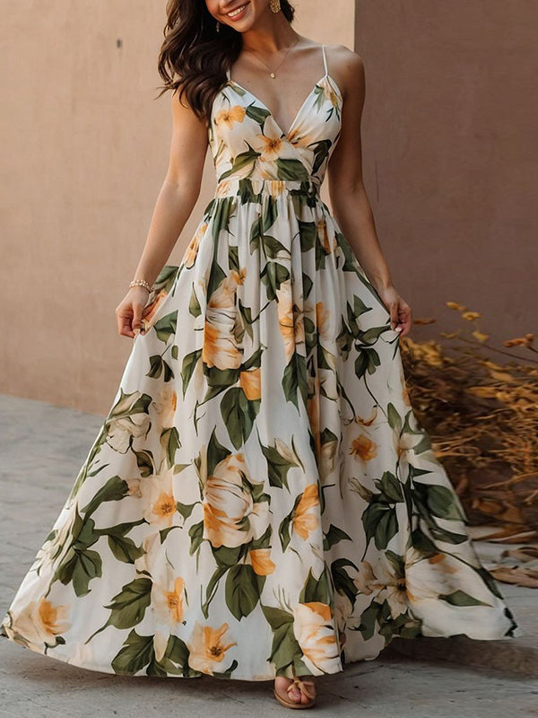 Printed Suspenders Maxi Dress