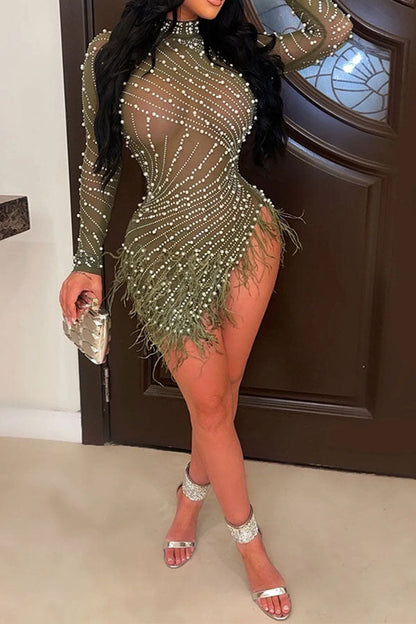 loveedsTM- Rhinestone & Beaded Decor Striking Tassel Irregular See-Through Mini Dress