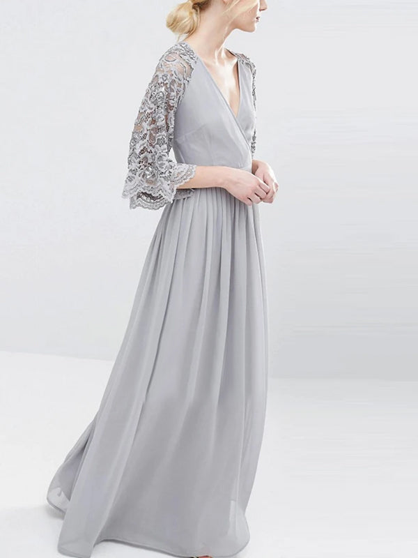 V-neck Solid Color Lace Maxi Dress