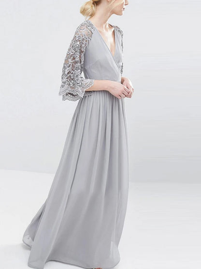 V-neck Solid Color Lace Maxi Dress
