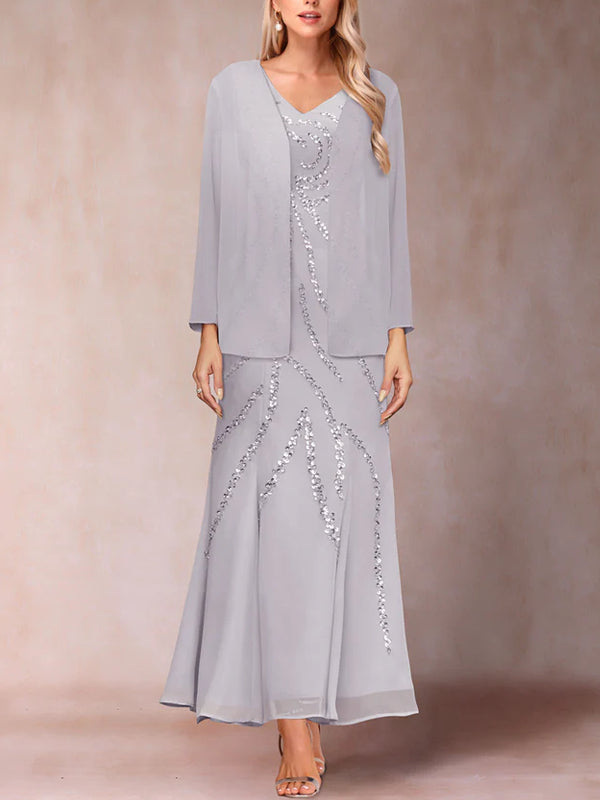 Sheath/Column V-Neck Ankle-Length Evening Dresses With Jacket & Sequins
