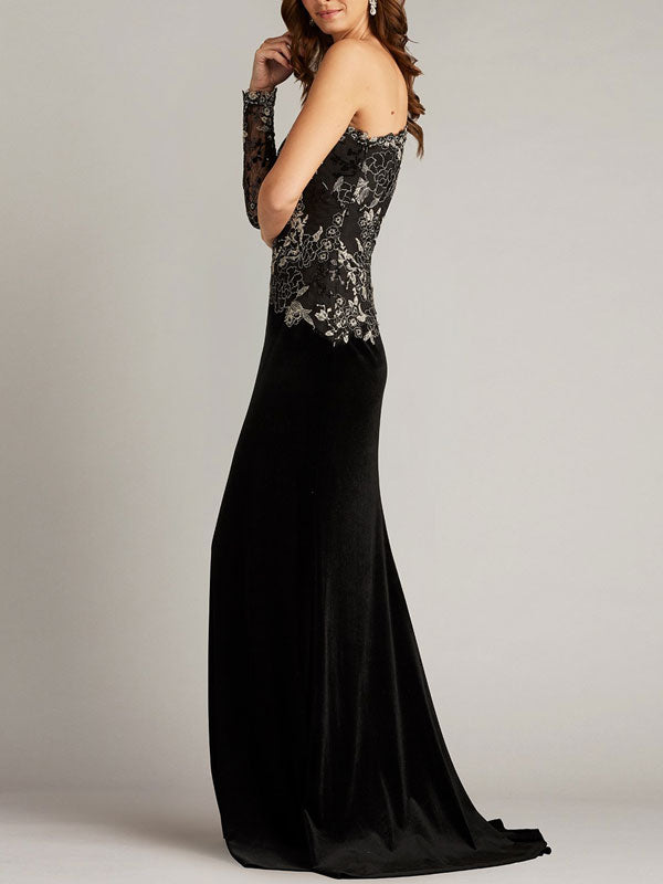Embroidered Tulle One-sleeve Gown