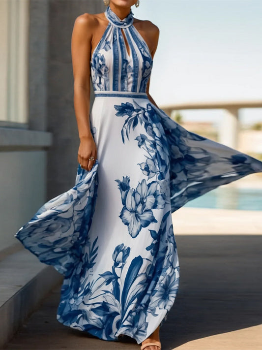 Blue Halterneck Printed Sleeveless Maxi Dress