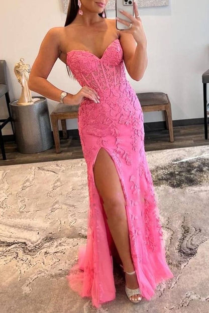 Pretty Mermaid Strapless Corset Lace Prom Dress with Slit DP295