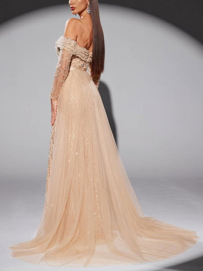 Off-the-shoulder Sequined Mesh Maxi Dress