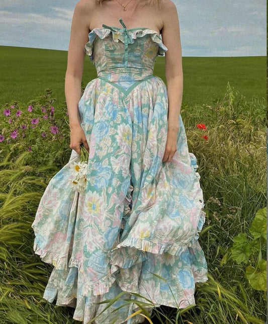 Blue Floral Elegant Delicate Ruffle Long Chiffon Homecoming Dress Prom Dress Evening Dress Wedding Guest Dress Birthday//garden Party Dress Prom Dress gh4089