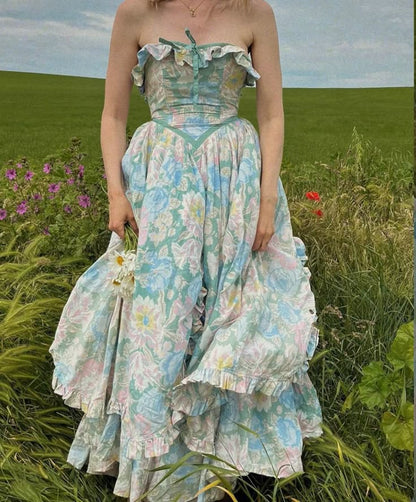 Blue Floral Elegant Delicate Ruffle Long Chiffon Homecoming Dress Prom Dress Evening Dress Wedding Guest Dress Birthday//garden Party Dress Prom Dress gh4089