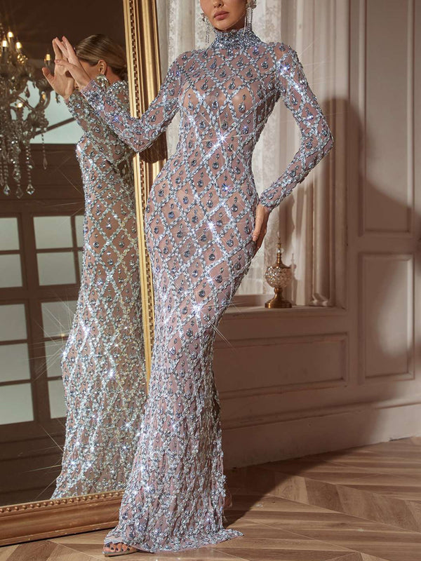 High Collar Sequin Solid Color Maxi Dress