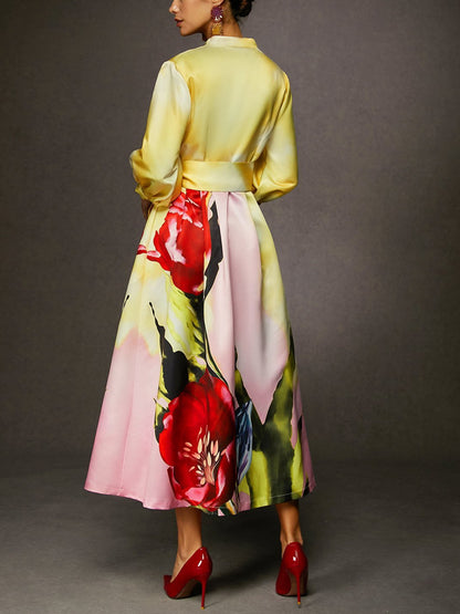 Yellow Satin Floral Pocket Midi Dress