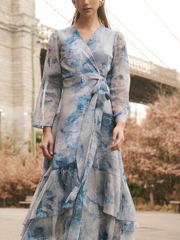 Blue V-neck Print Maxi Dress