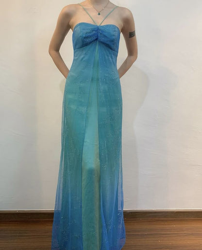 Vintage A Line Halter Blue Chiffon Satin Long Prom Dress Graduation Prom Dress SH2621