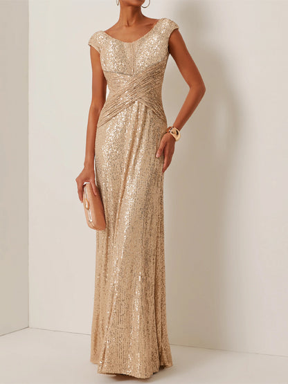 Round Neck Short Sleeves Sequins Maxi Dress