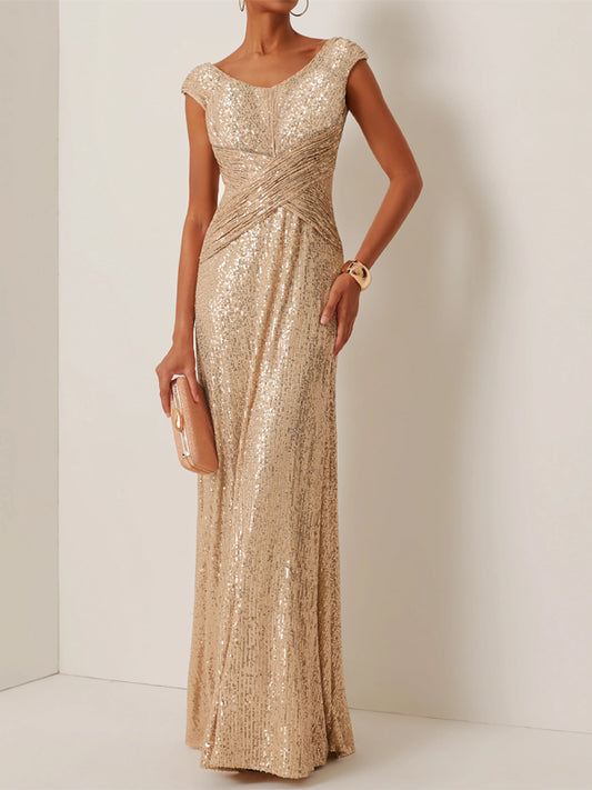 Round Neck Short Sleeves Sequins Maxi Dress