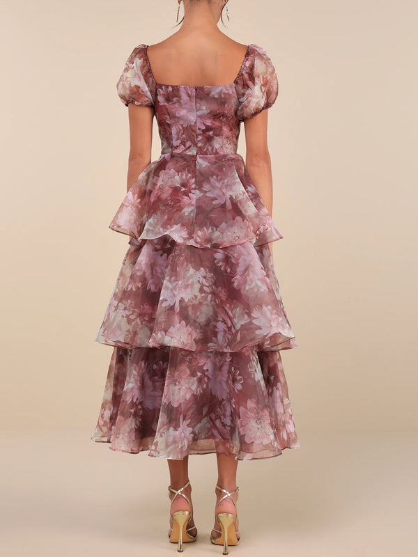 Rust Floral Organza Puff Sleeve Tiered Midi Dress