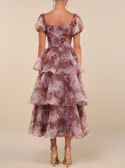 Rust Floral Organza Puff Sleeve Tiered Midi Dress