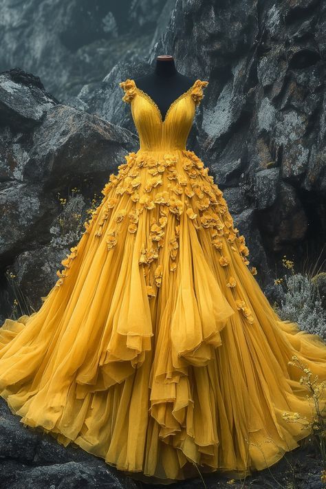 Stunning A Line V Neck Yellow Flower Tulle Long Prom Dress Evening Dress SH2542