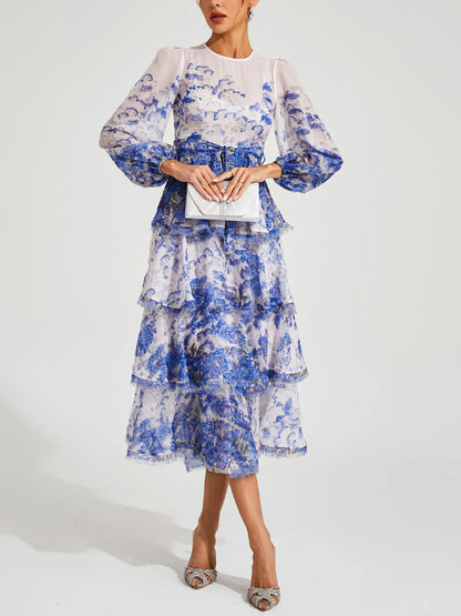 Round Neck Long Sleeves Printed Midi Dress