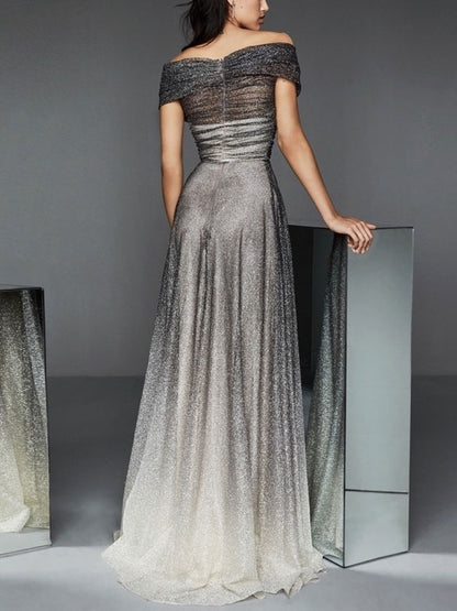 Off-the-shoulder Gradient Temperament Mesh Evening Dress