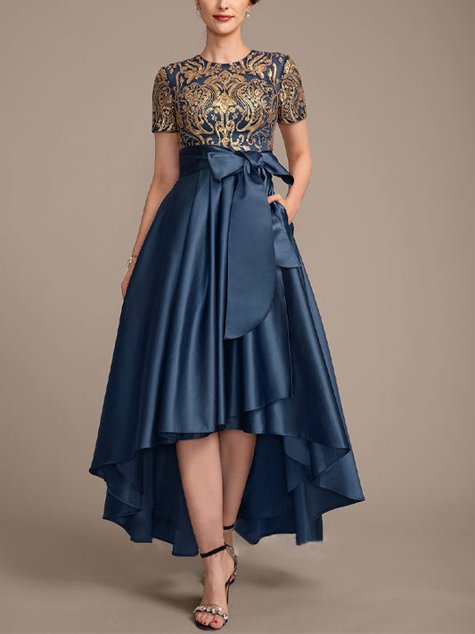 Round Neck Printed Patchwork Midi Dress