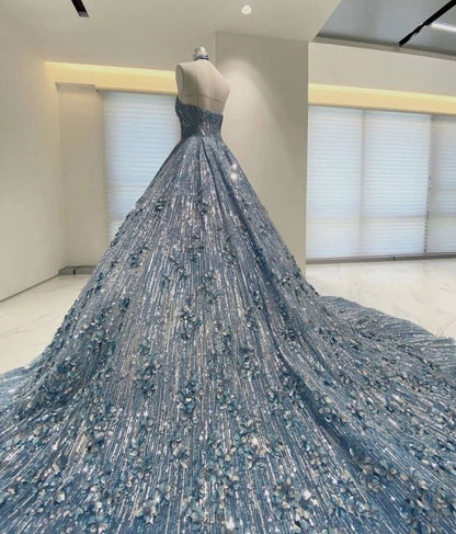 Blue shiny fashion exquisite beaded suspender long elegant tulle ball gown evening dress gh3349
