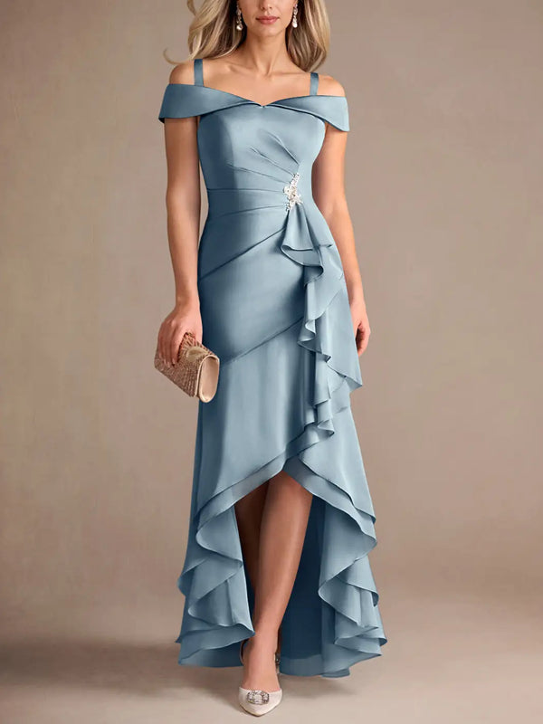 Dusty Blue Mermaid Off the Shoulder Stretch Satin Dress